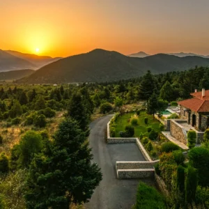 Sunset over Mount Mainalo with Villa Mainalis set in the forested Arcadian landscape
