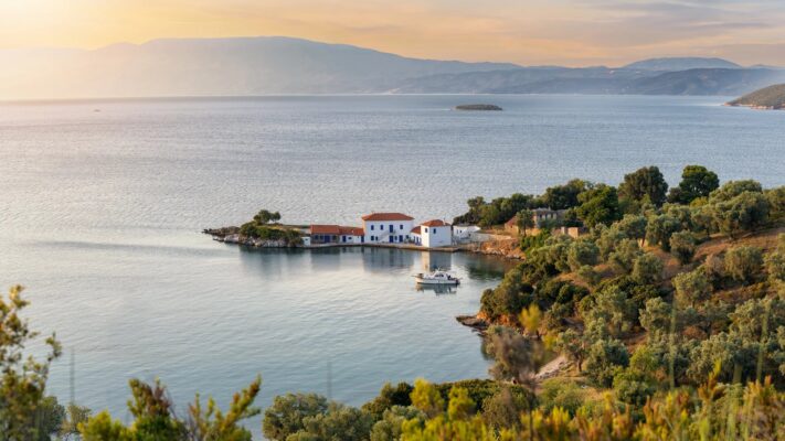 Pelion peninsula — stone village on a mountain slope above the Aegean